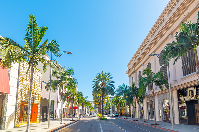 The image depicts a sunny day on a tree-lined street with palm trees, storefronts, and clear blue skies.